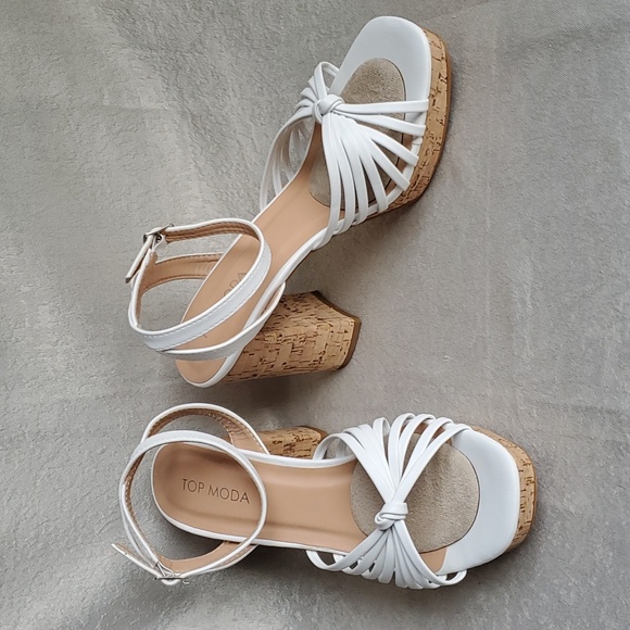 🆕️ TOP MODA White Knotted Cushioned Platform Cork Block Heel Sandals SIZE: 8 - Picture 6 of 11